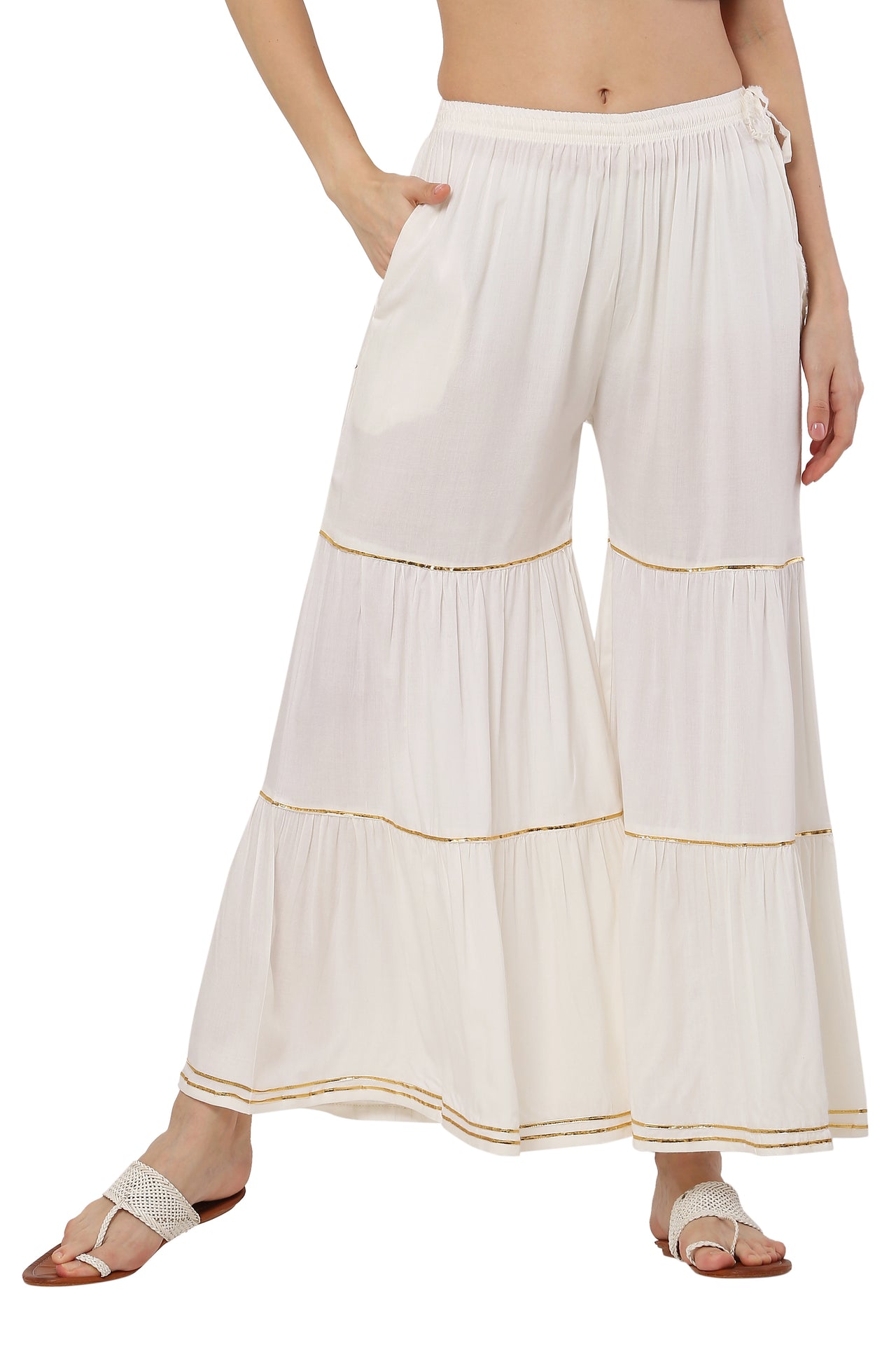 PAVONINE Off White Color 3-Panels Golden Gota Flared Sharara For Women - Distacart