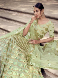 Thumbnail for Myra Pista Green Soft Net Heavy Embroidered Lehenga - Distacart