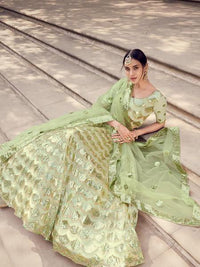 Thumbnail for Myra Pista Green Soft Net Heavy Embroidered Lehenga - Distacart