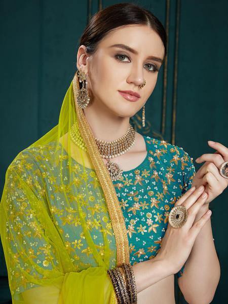 Myra Peacock Blue Georgette Embroidered Lehenga - Distacart