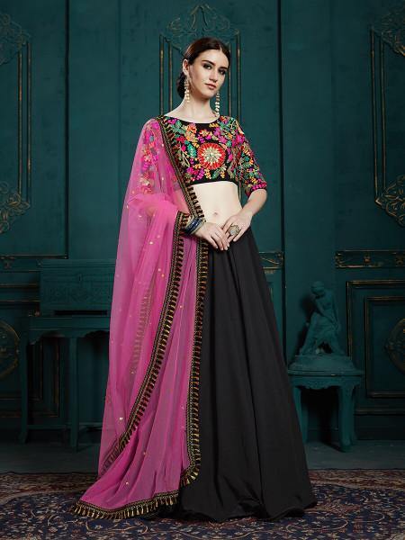 Myra Black Georgette Embroidered Lehenga - Distacart