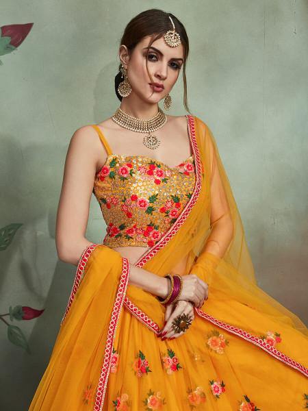 Myra Musturd Soft Net Heavy Embroidered Lehenga - Distacart
