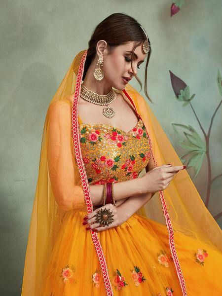 Myra Musturd Soft Net Heavy Embroidered Lehenga - Distacart
