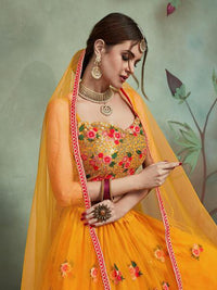 Thumbnail for Myra Musturd Soft Net Heavy Embroidered Lehenga - Distacart