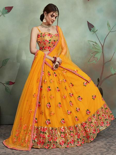 Myra Musturd Soft Net Heavy Embroidered Lehenga - Distacart