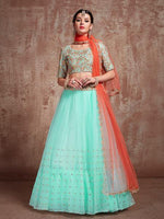 Thumbnail for Myra Blue Soft Net Heavy Embroidered Lehenga - Distacart