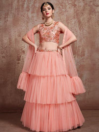 Thumbnail for Myra Peach Soft Net Heavy Embroidered Lehenga - Distacart