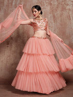 Thumbnail for Myra Peach Soft Net Heavy Embroidered Lehenga - Distacart