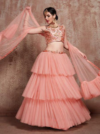 Thumbnail for Myra Peach Soft Net Heavy Embroidered Lehenga - Distacart