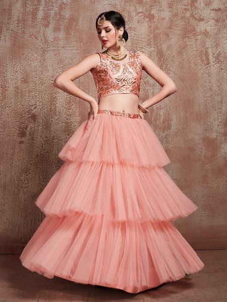 Myra Peach Soft Net Heavy Embroidered Lehenga - Distacart