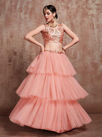 Thumbnail for Myra Peach Soft Net Heavy Embroidered Lehenga - Distacart