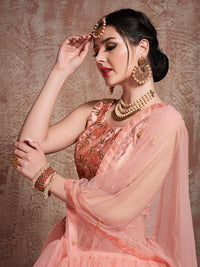 Thumbnail for Myra Peach Soft Net Heavy Embroidered Lehenga - Distacart