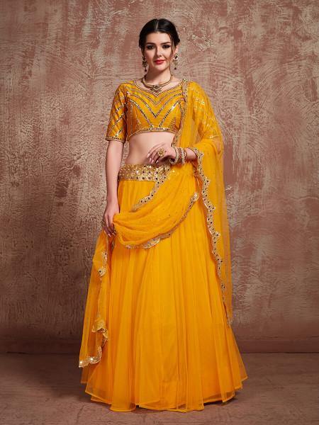 Myra Musturd Soft Net Heavy Embroidered Lehenga - Distacart