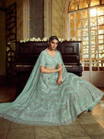 Thumbnail for Myra Sky Blue Soft Net Heavy Embroidered Lehenga - Distacart