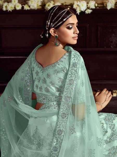 Myra Sky Blue Soft Net Heavy Embroidered Lehenga - Distacart