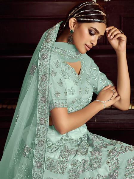 Myra Sky Blue Soft Net Heavy Embroidered Lehenga - Distacart