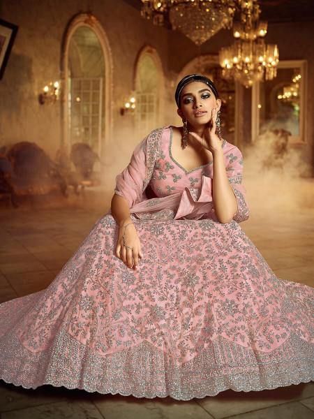 Myra Pink Soft Net Heavy Embroidered Lehenga - Distacart