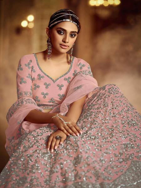 Myra Pink Soft Net Heavy Embroidered Lehenga - Distacart