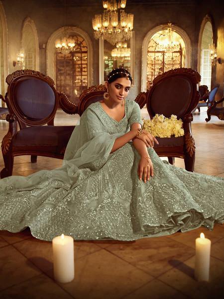 Myra Green Soft Net Heavy Embroidered Lehenga - Distacart