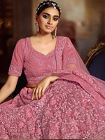 Thumbnail for Myra Pink Soft Net Heavy Embroidered Lehenga - Distacart