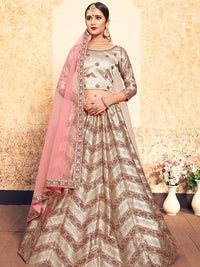 Thumbnail for Myra Tortilla Brown Satin Embroidered Lehenga - Distacart