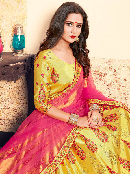 Myra Yellow Satin Embroidered Lehenga - Distacart