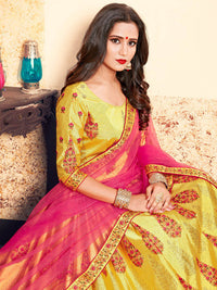 Thumbnail for Myra Yellow Satin Embroidered Lehenga - Distacart