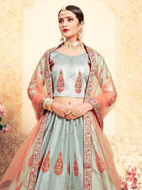 Thumbnail for Myra Grey Satin Embroidered Lehenga - Distacart