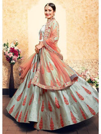 Thumbnail for Myra Grey Satin Embroidered Lehenga - Distacart