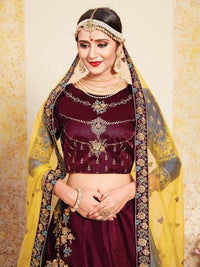 Thumbnail for Myra Maroon Satin Embroidered Lehenga - Distacart