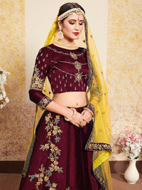 Thumbnail for Myra Maroon Satin Embroidered Lehenga - Distacart