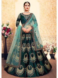 Thumbnail for Myra Dark Green Satin Embroidered Lehenga - Distacart
