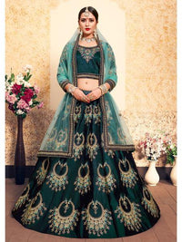 Thumbnail for Myra Dark Green Satin Embroidered Lehenga - Distacart