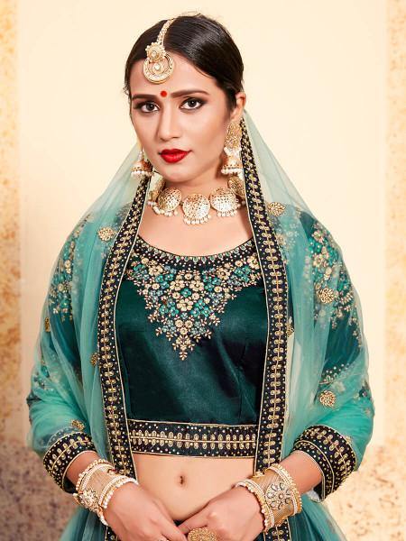 Myra Dark Green Satin Embroidered Lehenga - Distacart