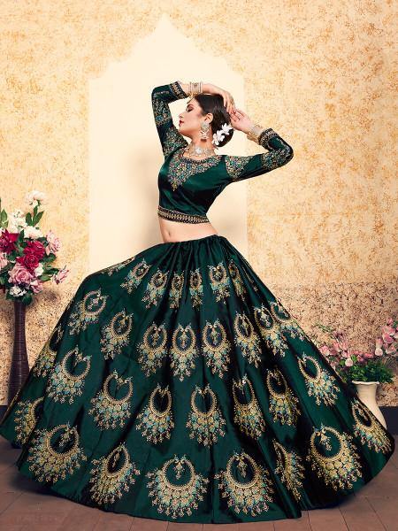 Myra Dark Green Satin Embroidered Lehenga - Distacart
