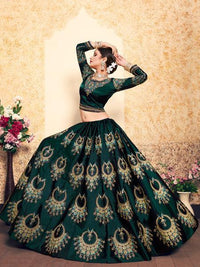 Thumbnail for Myra Dark Green Satin Embroidered Lehenga - Distacart