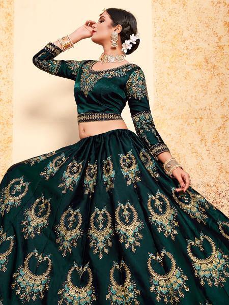 Myra Dark Green Satin Embroidered Lehenga - Distacart