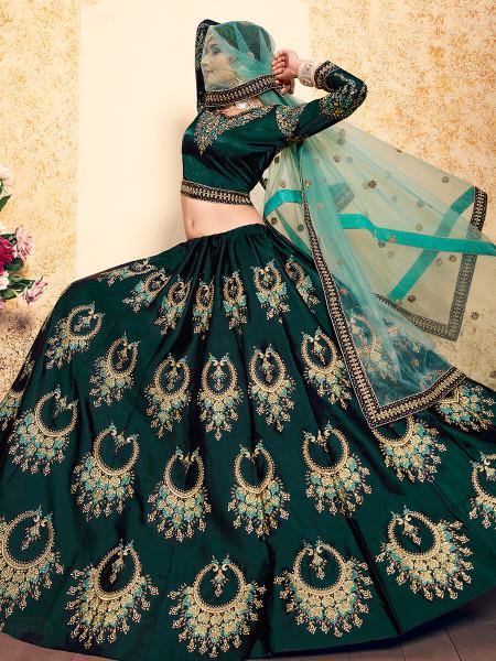 Myra Dark Green Satin Embroidered Lehenga - Distacart