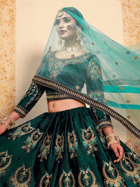 Myra Dark Green Satin Embroidered Lehenga - Distacart