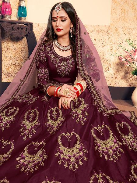 Myra Brown Satin Embroidered Lehenga - Distacart