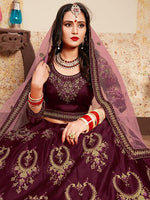 Thumbnail for Myra Brown Satin Embroidered Lehenga - Distacart