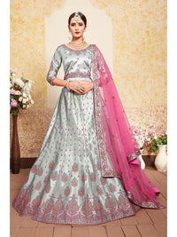 Thumbnail for Myra Grey Satin Embroidered Lehenga - Distacart