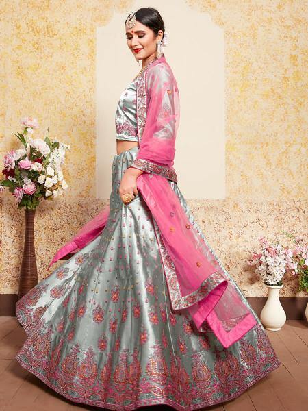 Myra Grey Satin Embroidered Lehenga - Distacart