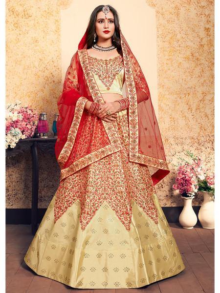 Myra Beige Satin Embroidered Lehenga - Distacart