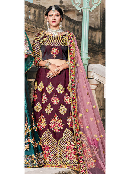 Myra Wine Taffeta Embroidered Lehenga - Distacart