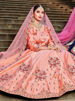 Thumbnail for Myra Peach Satin Embroidered Lehenga - Distacart