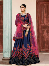 Thumbnail for Myra Navy Blue Satin Embroidered Lehenga - Distacart