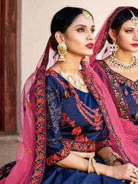 Thumbnail for Myra Navy Blue Satin Embroidered Lehenga - Distacart
