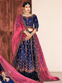 Thumbnail for Myra Navy Blue Satin Embroidered Lehenga - Distacart