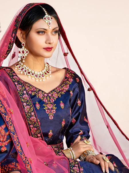 Myra Navy Blue Satin Embroidered Lehenga - Distacart
